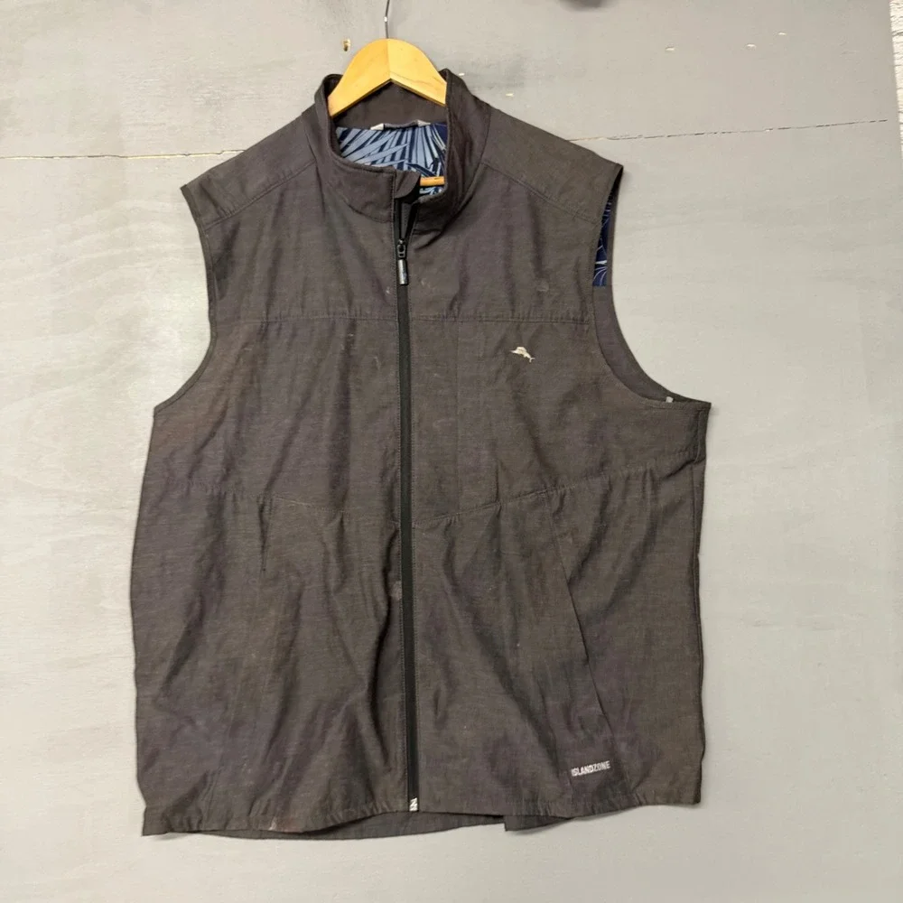 Tommy Bahama IslandZone‎ Mens XL Full Zip Vest Charcoal Gray Marlin Logo Mock